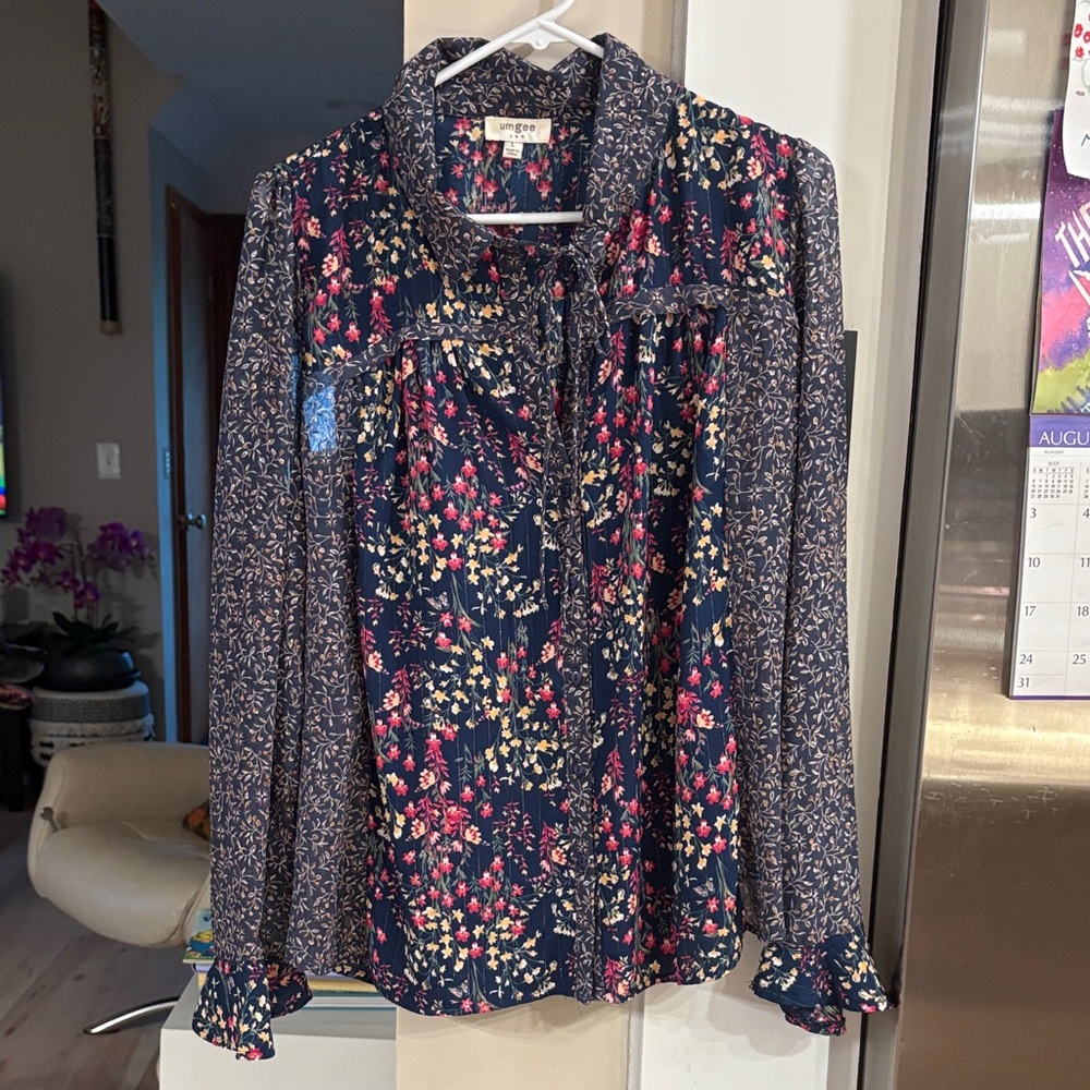 Navy Floral Blouse with Pink and Yellow Accents